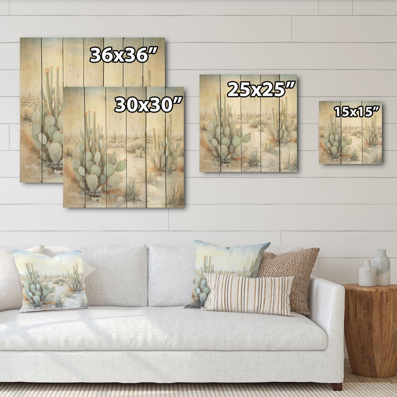 Cactus charme en hiver I - Art mural en bois de cactus sur bois de pin naturel, H 36 po x l 36 po