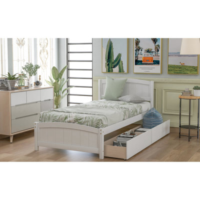 Lit simple avec deux tiroirs dans des cintres blancs - Bois massif pour une chambre à coucher organisée