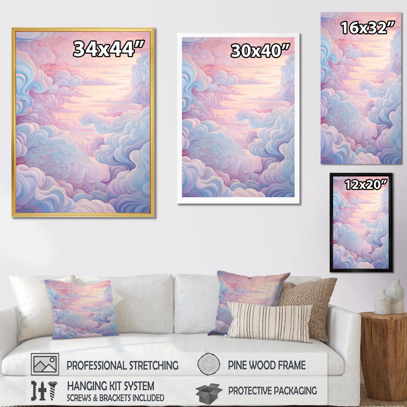 Paysage kawaii en rose doux sur toile, Cadre photo noir, H 20 po x l 12 po x P 1 po