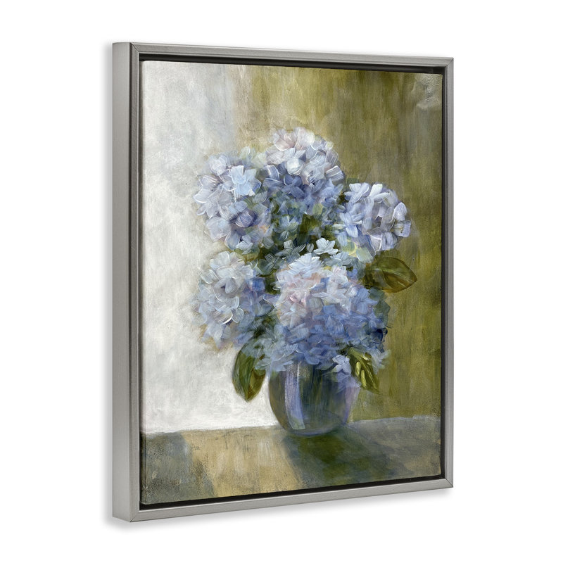 "Hortensias dans un vase", art mural sur toile flottant noir par Doris Charest, Cadre flottant gris lustré, H 21 po x l 17 po