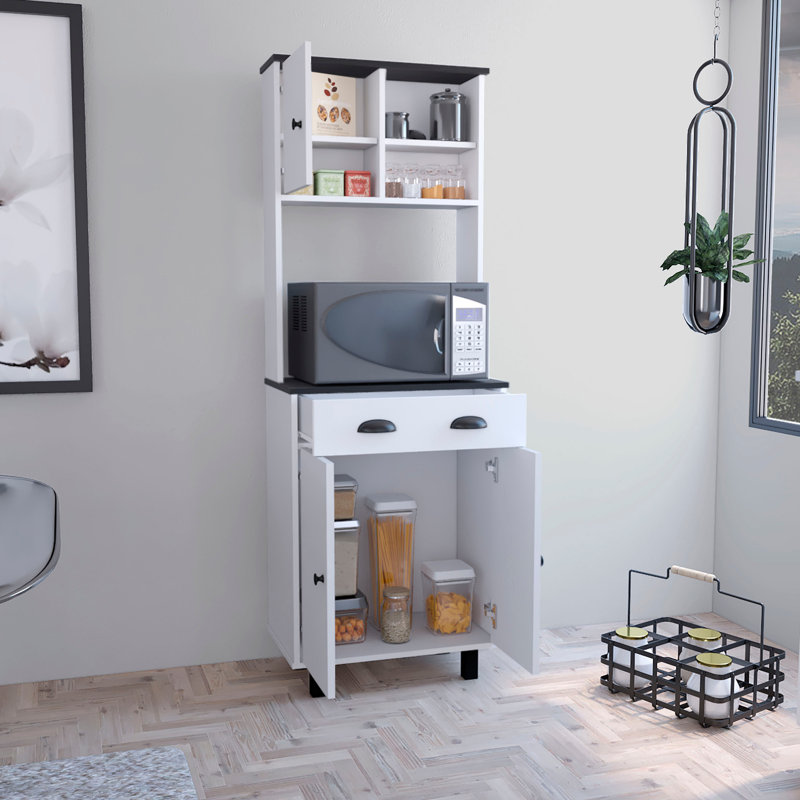 Garde-manger avec 2 armoires, 2 tablettes ouvertes et un tiroir, Blanc/Noir