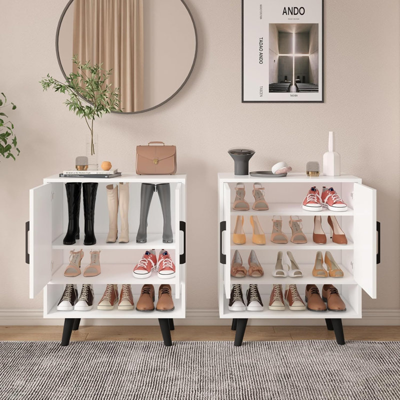 Latitude RunÂ® Shoe Cabinet, 4-Tier Freestanding Shoe Rack With Doors And Legs, Ivory White