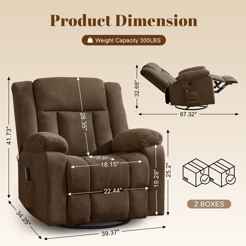 Recliner Chair, 360°Swivel Recliner, Recliners With Heat And Massage, Rocker Recliner For Adults , Side Pocket And USB Ports