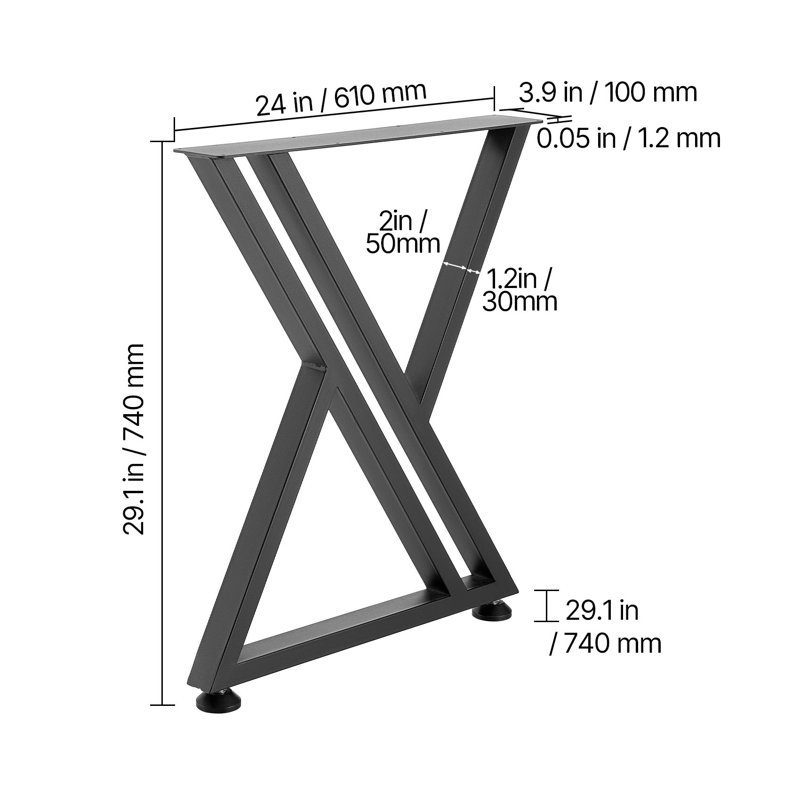 Pieds de table robustes en acier H 29,1 po, capacité de charge de 2204 lb, pieds de meubles en métal noir pour bureau de bricolage, table de salle à manger, établi (ensemble de 2)