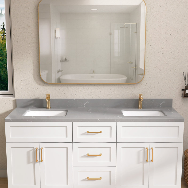 L 66 po x P 22 po. Meuble-lavabo gris encastré en pierre d'ingénierie avec comptoir rectangulaire double et comptoir Dosseret en H et trou de robinet pré-percé