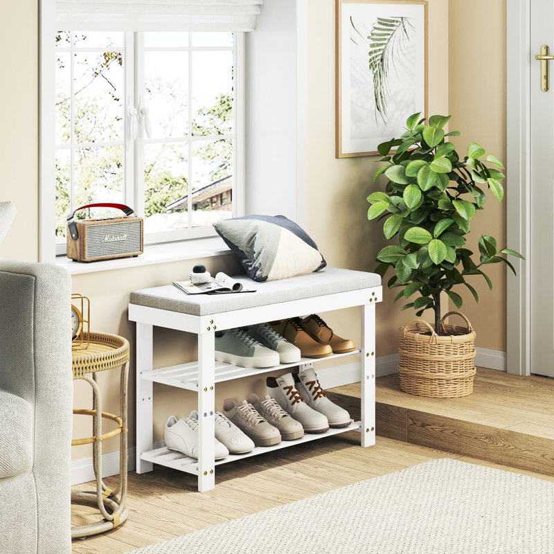 Banc à chaussures blanc avec tablettes réglables et coussin pour l'intérieur, White