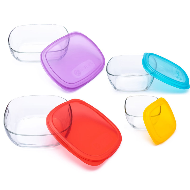 Ensemble de 8 contenants en verre Libbey Serve It avec bols de 2, 6, 8 et 12,5 tasses et couvercles multicolores