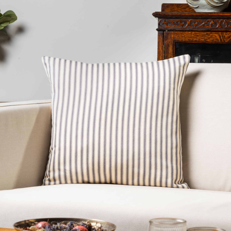 Ivory and Grey Nautical Ticking Cushion, 43x43cm, Feather filled