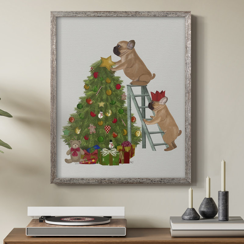 Échelle de bouledogue français de Noël, reproduction encadrée en bois massif, H 30 po x l 24 po