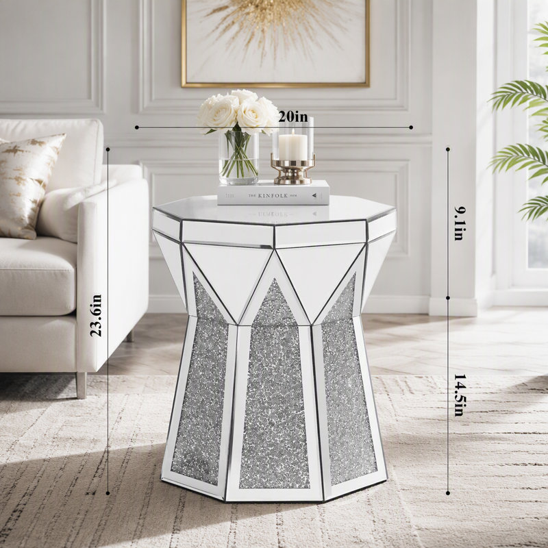 Table basse miroir de style tambour avec incrustations de cristal
