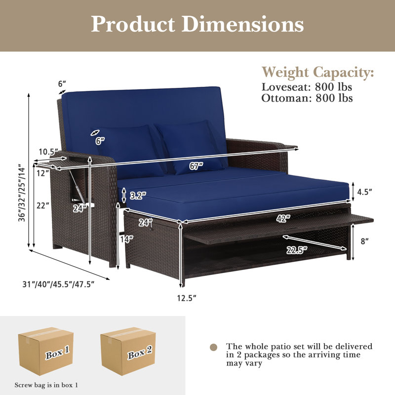 Outdoor Rattan Patio Daybed With Adjustable Backrest & Side Tray, Navy, Navy