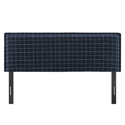 Camille Checkered Linen Blend Queen Size Headboard In Denim Windowpane Check