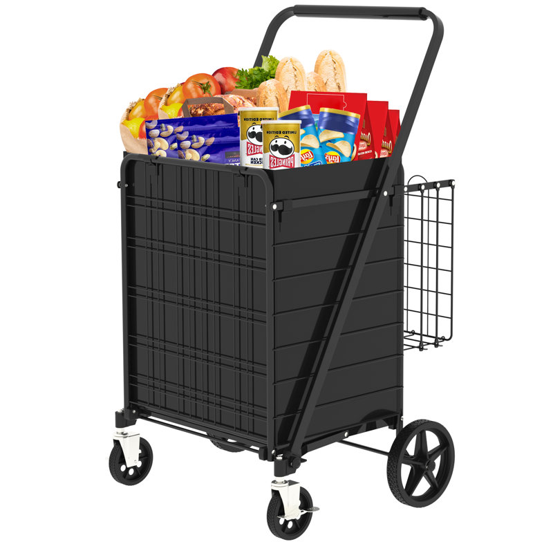 Chariot de course pliable avec frein, capacité de 150 kg, grand chariot en acier avec double panier et doublure imperméable, roues arrière de 20 cm, noir