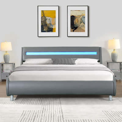 Faux Leather Upholstered Platform Bed With Led , Queen, Gray, Easy Assembly, Wood Slat Base, No Box Spring Needed Lit Frame, Curve Design, Support, To Setup,