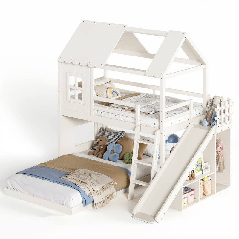 Lit superposé simple au dessus d'un lit double en bois massif avec tablettes, garde-robe et glissade, Twin Over Full, Beige