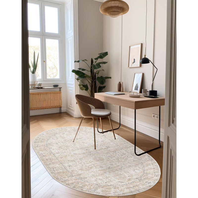 Singleton Oriental Ivory Area Rug, Oval 5'3" x 8'