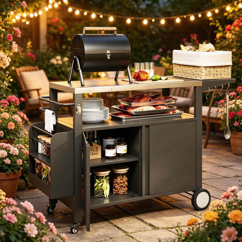 Chariot de barbecue polyvalent avec plateau en acier inoxydable et table d'appoint pliable