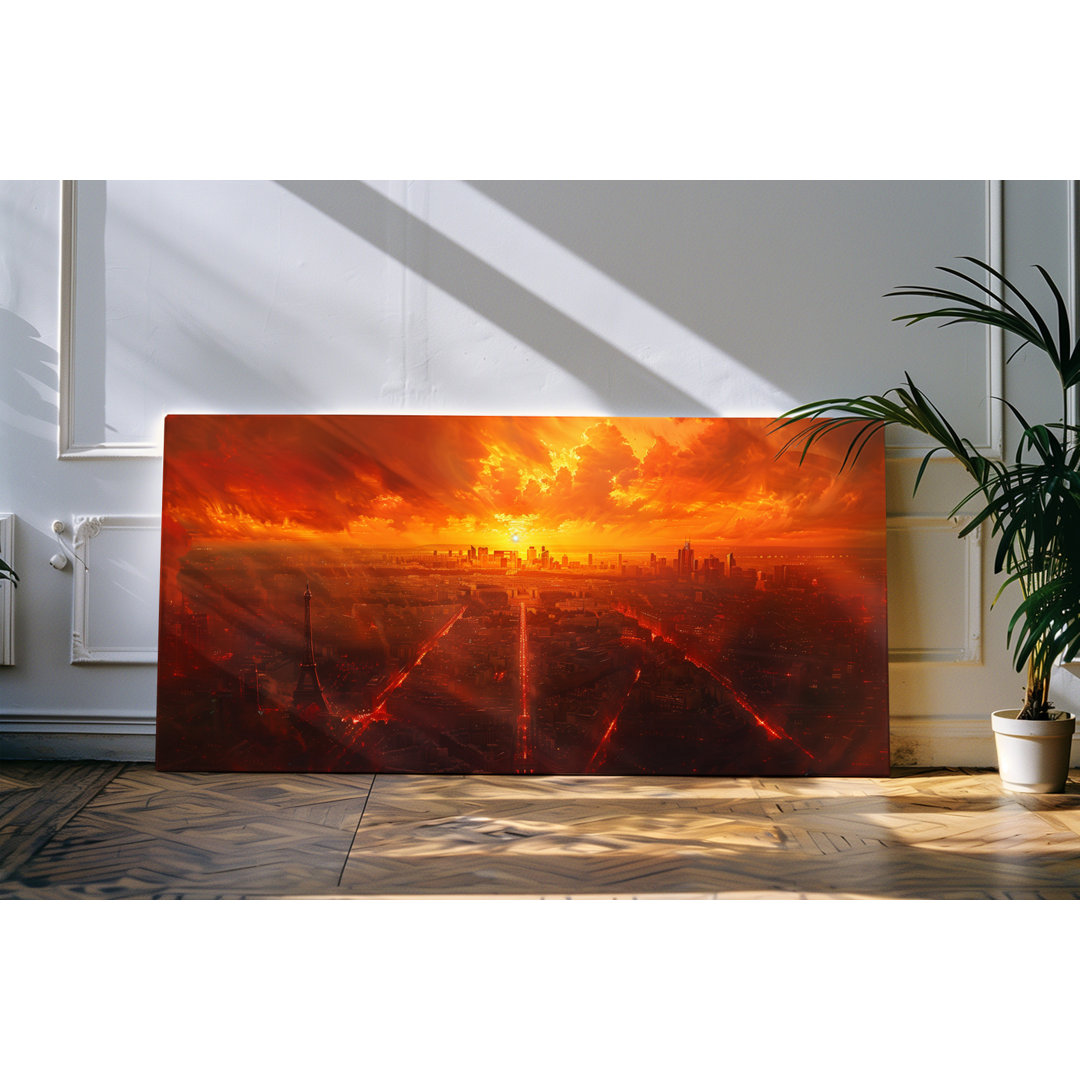 Bilder auf Leinwand 120x60cm Paris von Oben Kunstvoll Eiffelturm Rot Sonnenuntergang