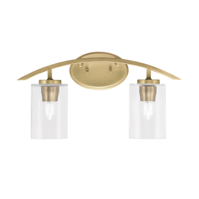 Kurve 2 Light Bath Bar Shown In New Age Brass Finish With  4" Clear Bubble Glass