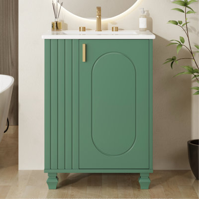 Meuble-lavabo classique 24 po avec lavabo, poignées en métal, rangement latéral ouvert, 2 tablettes, assemblage facile, pieds autoportants en bois massif en céramique, compartiments, finition