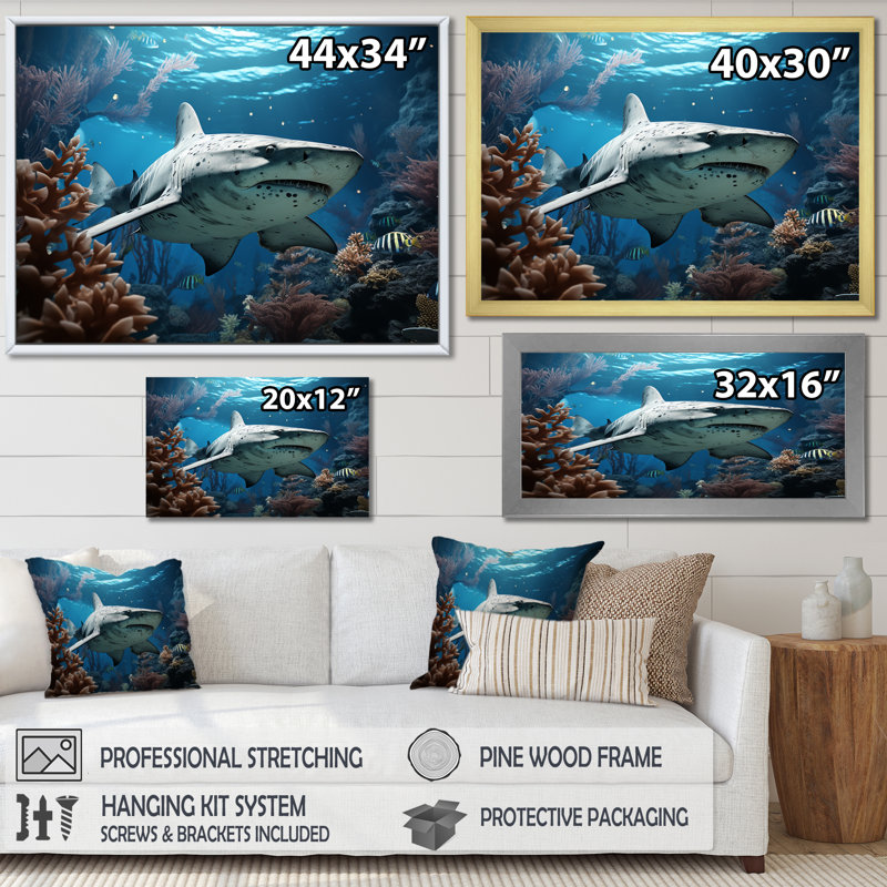 Coral Sharks Ballet - Décoration murale plage et océan, Cadre flottant noir, H 34 po x l 44 po x P 1,5 po