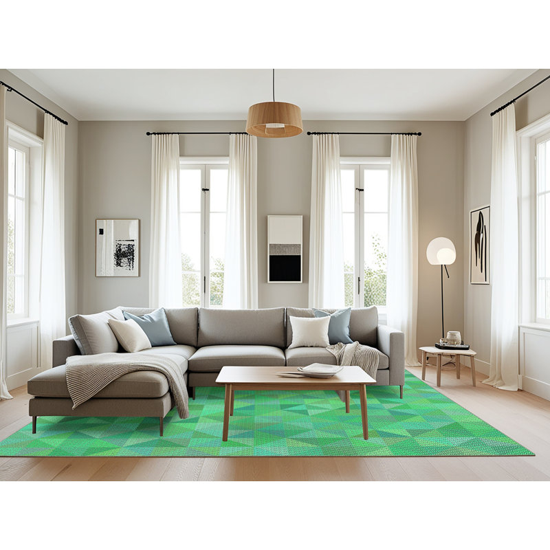 Tissé à la machine à motif géométrique en laine et polyester vert/jaune Tapis décoratif, Rectangle 8 pi x 10 pi