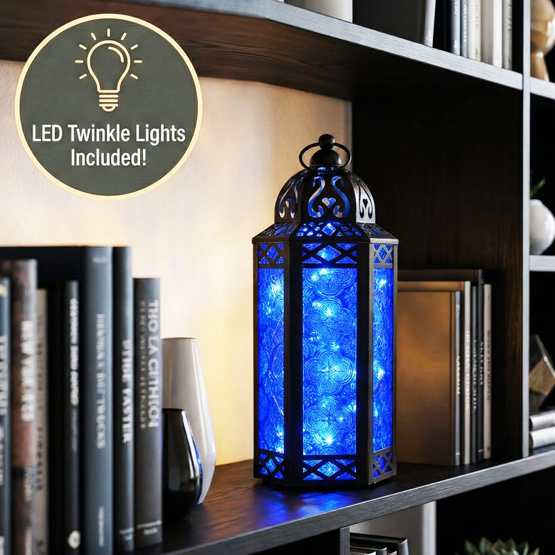 Decorative Moroccan Candle Lantern with LED Fairy Lights, Black/Blue, 10" H x 4.4" W x 3.8" D