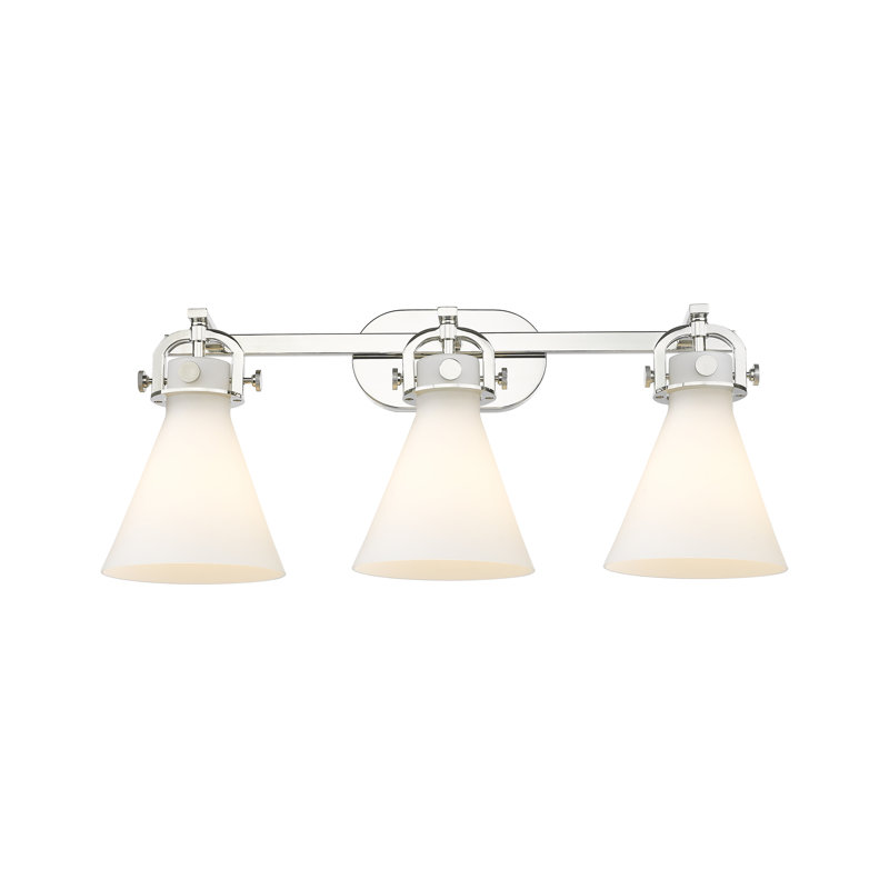 Cône Newton - 3 lumières - 27 pouces - Nickel poli - Abat-jour blanc - Éclairage pour meuble-lavabo, White, Nickel poli