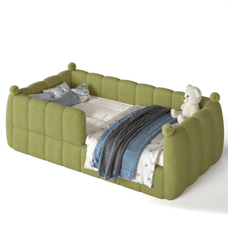 Lit simple tapissier pour lit simple pour enfants, lit de sol Montessori avec rails de sécurité, cadre pour lit d'enfant pour garçons et filles, vert