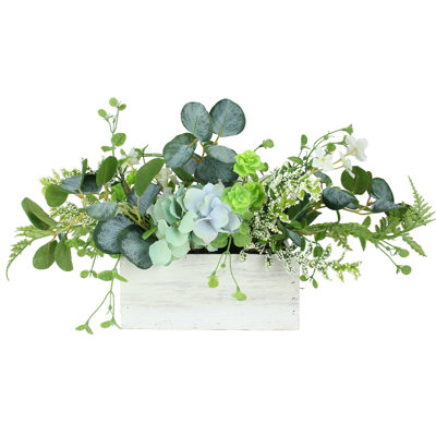 14-Inch Blue and White Hydrangea and Rose Artificial Floral Arrangement in Planter