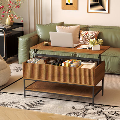 Table basse à plateau relevable 39,4 pouces de style campagnard rectangulaire avec rangement caché et tablette inférieure Pieds en acier robustes pour le salon brun rustique