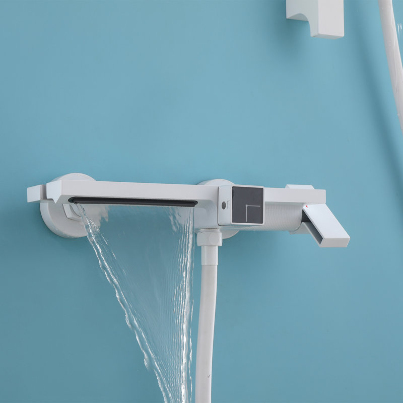 Wall Mounted Waterfall Bathtub Faucets, 3.43" Tub Filler Faucet with Hand Shower Bath Tub Faucets with Rough-in Valve, White