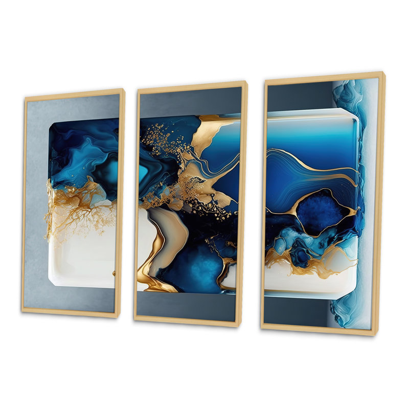 Géode abstraite, or et marbre bleu III, reproduction sur toile 3 pièces, Cadre flottant brun, H 32 po x l 48 po x P 1 po