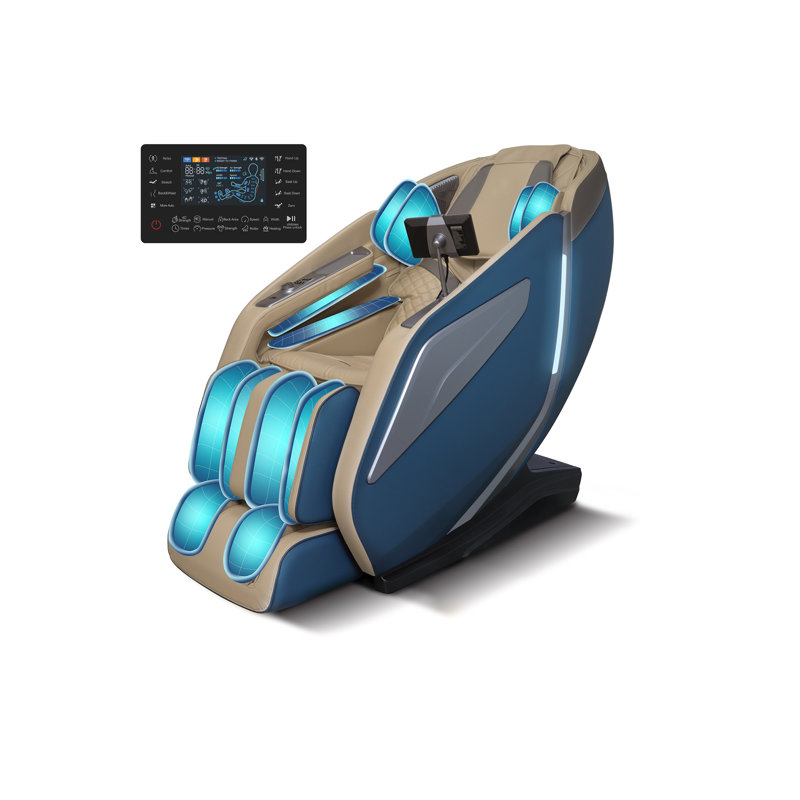 Fauteuil de massage chauffant en similicuir pour tout le corps avec application, commande vocale et recharge sans fil, Bleu