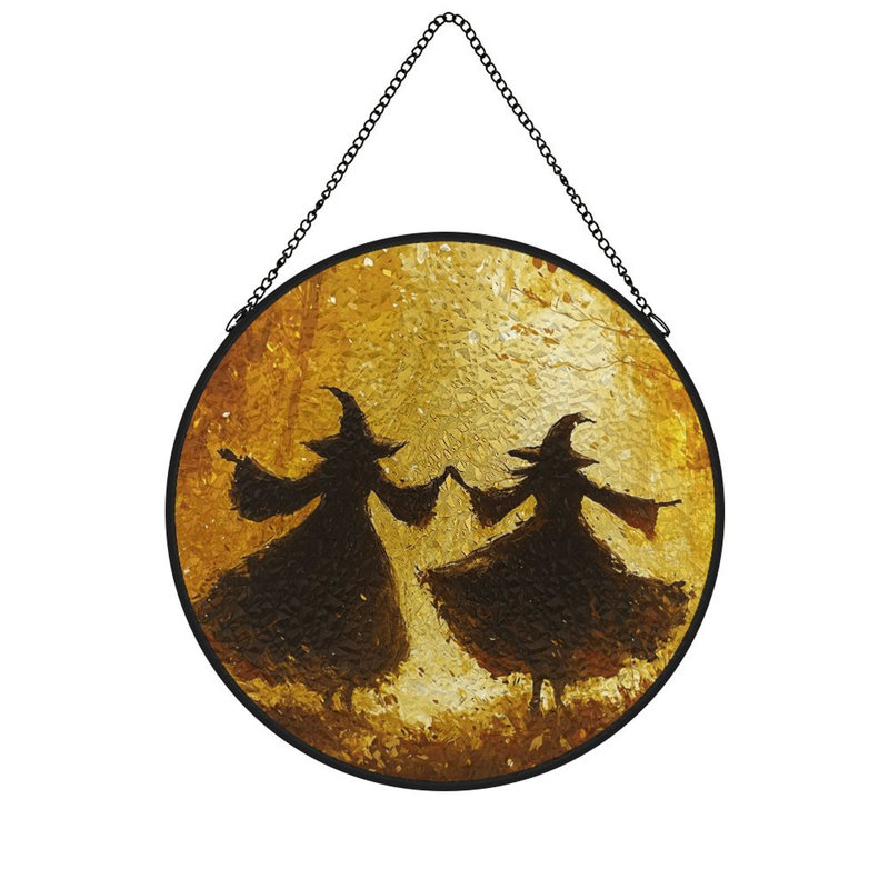 Décorations de fenêtre en verre coloré Witches Dancing Autumn, 9,8 x 9,8 po (25 x 25 cm)