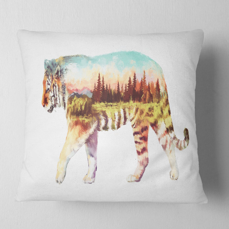 Coussin d’illustration de tiger à double exposition animal, 18 po x 18 po, Coussin décoratif