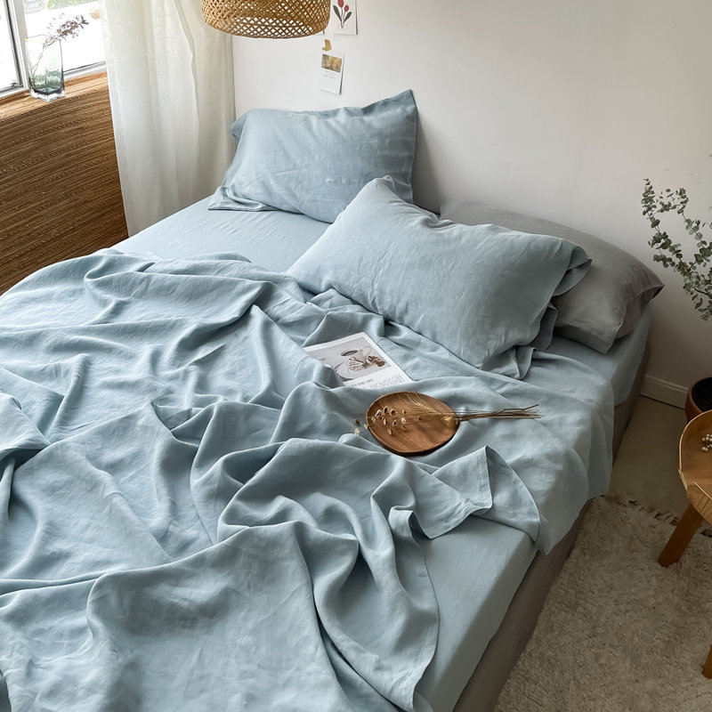 Ensemble de draps 100% lin, Ensemble de draps pour grand lit avec 2 taies d'or, Bleu cendré