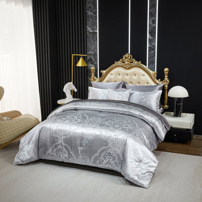 Ensemble d'édredon jacquard pour lit très grand avec draps en satin gris, 8 pièces, broderie royale, décoration néo-classique, lit d'hôtel de luxe doux dans un sac avec 1 housse de coussin