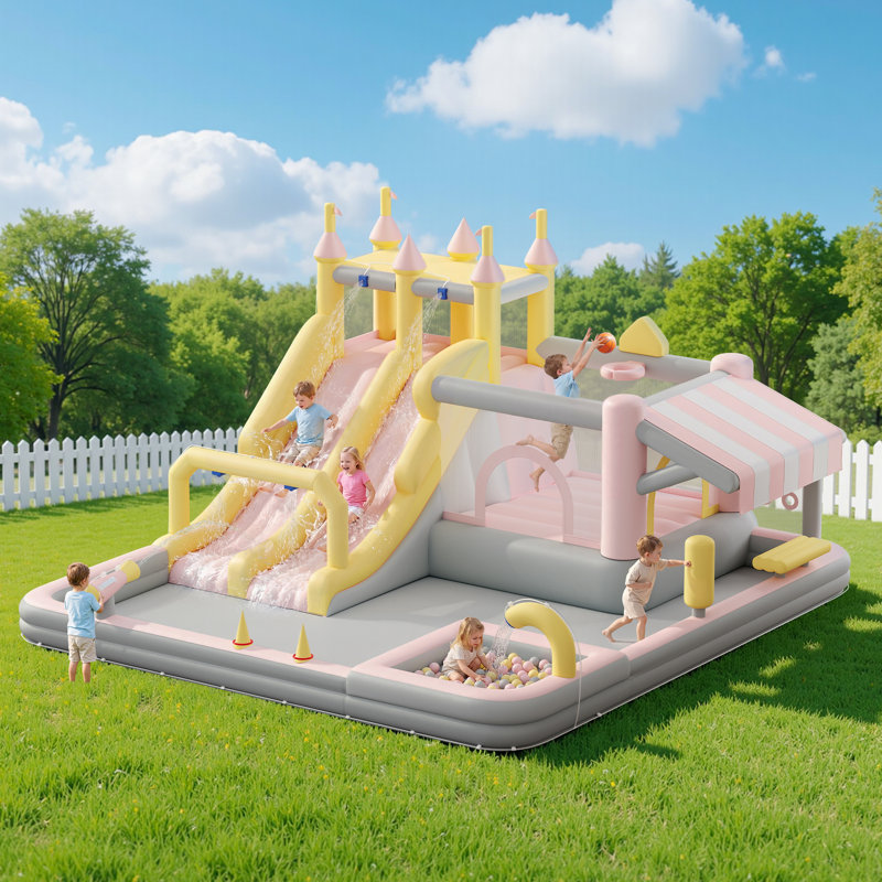Inflatable Bounce House, Water Slide with Jumping Area, Climbing Wall, Splash Pool and Water Gun, Indoor Outdoor Jumper for Big Children, Air Blower Included, Pastel Color, 184x173x94 Inch