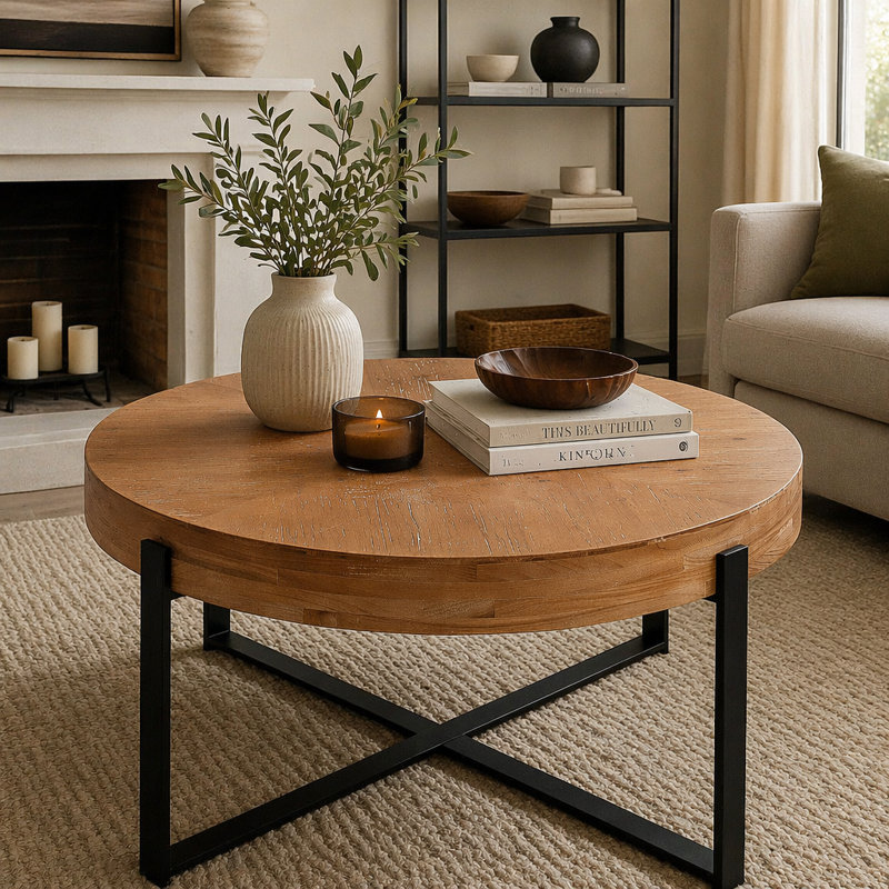 Table basse 33,8 po d'épaisseur rétro moderne avec plateau en bois de sapin et pieds croisés noirs, Naturel, Noir