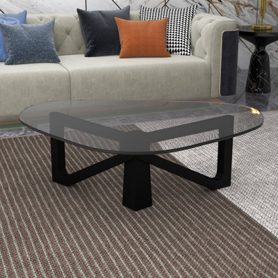 Issie Triangular Coffee Table – Tempered Glass Top with Stained Rubberwood Cross Base, Modern Living Room Accent Table with Anti-Slip Pads Centerpiece