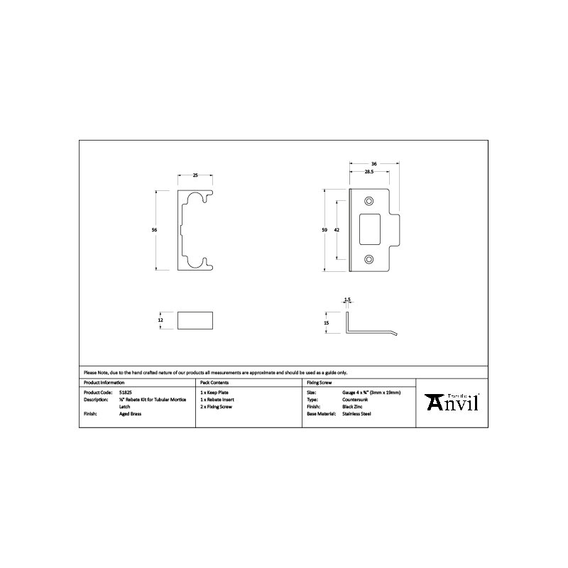Polished Brass ½" Rebate Kit for Tubular Mortice Latch, Aged Brass
