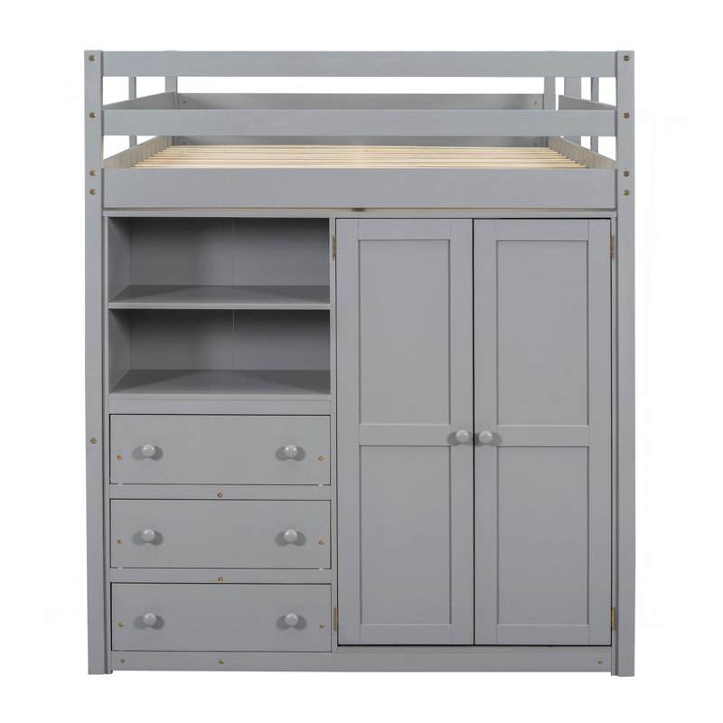 Lit mezzanine double en bois avec garde-robe intégré, Gris