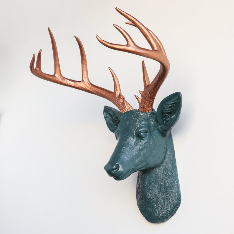 Grande décoration murale fausse tête de cerf naturalisée, Forêt / cuivre antique