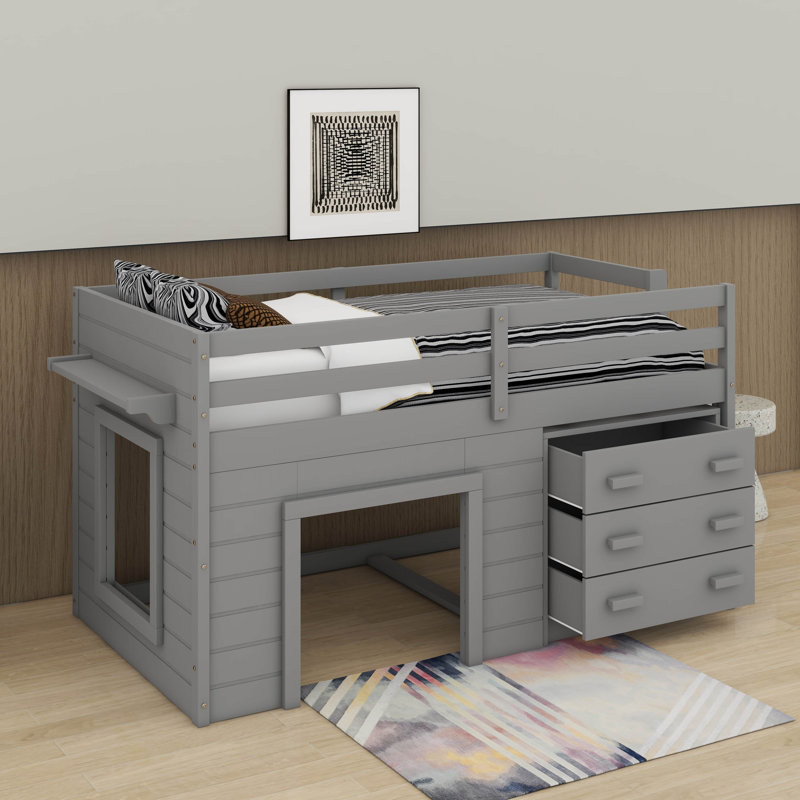 Twin Size Loft Bed With Cabinet And Shelf, Gray