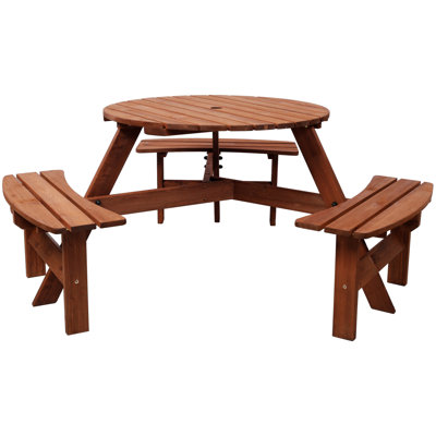 Wooden Picnic Table With 3 Built-In Benches