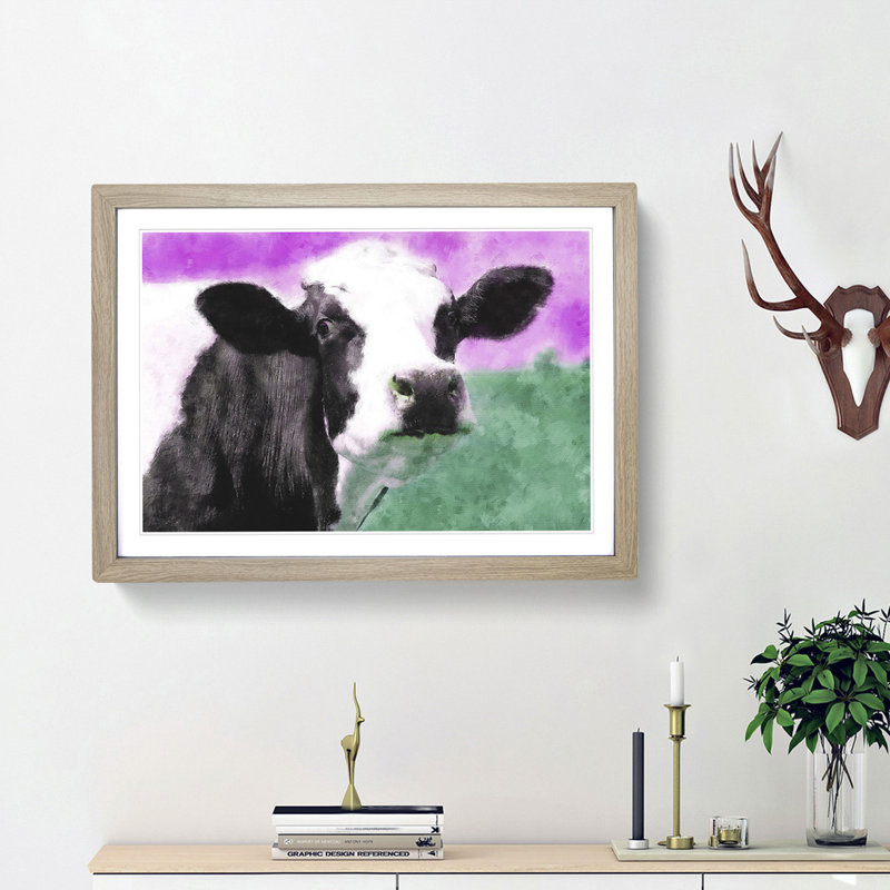 Cow in the Meadow - Picture Frame Graphic Art Print, 24cm H x 33cm W x 2cm D, Oak Framed