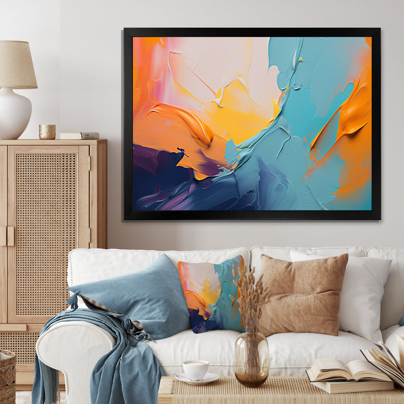 «Blue and Orange Paint Expression 1», art mural abstrait, Cadre d'angle fermé noir, H 12 po x l 20 po x P 1 po