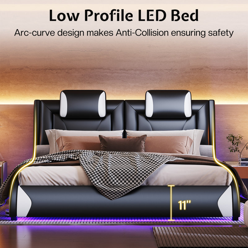 Floating Bed Frame with LED Lights, Modern Faux Leather Upholstered Platform Bed
