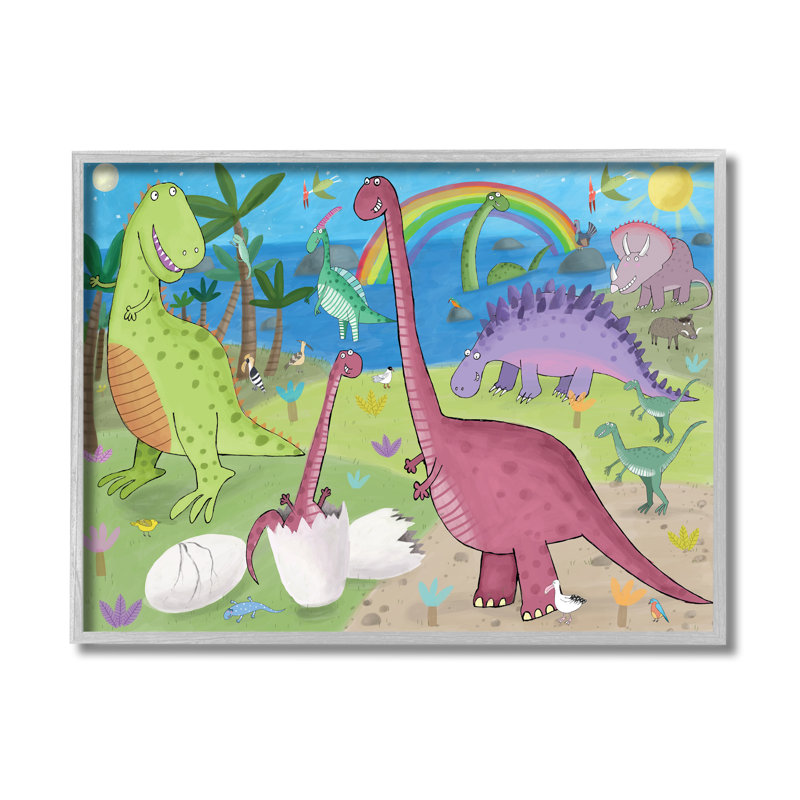 Illustration de dinosaures heureux jouant par arc-en-ciel, Estampe numérique Farmhouse, H 11 po x l 14 po x P 1,5 po